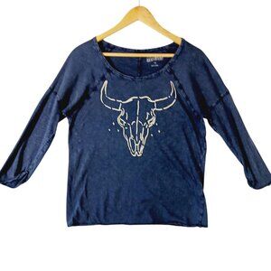 Lucky Brand, Western, Steer Skull, Navy, 3/4 Sleeve  Cotton Tee,  Medium